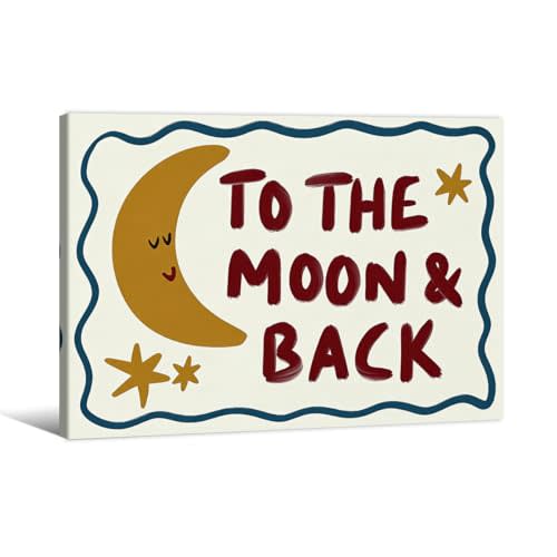 Funny Cute Moon And Stars Wall Art Whimsical Kids Poster To The Moon Back Quotes Prints Retro Mid Century Wall Decor Nursery Room 16X20 inch Wood Framed