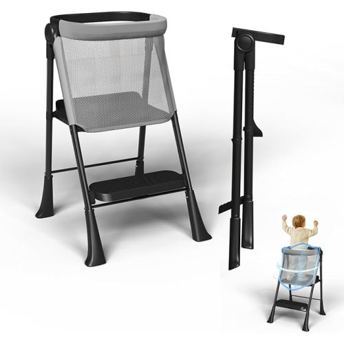 Toddler Standing Tower, Foldable Toddler Safety Stool with Protective Net for Kitchen & Bathroom Sink,for Ages 1-6 & Designed to Foster Independence,Black