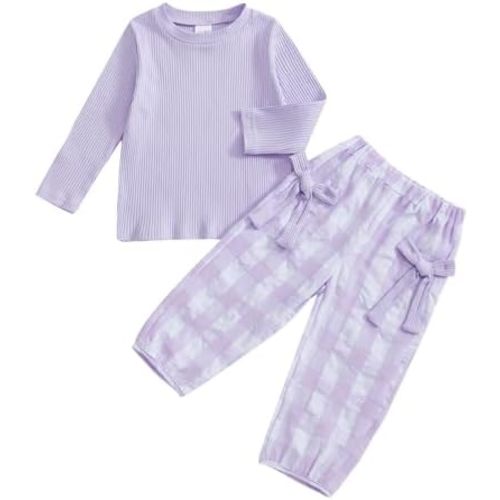 Kaipiclos Toddler Baby Girl Clothes Rib Knit Long Sleeve Shirt & Bow Plaid Pants 12 18 24 Month 3T 4T 5T Fall Winter Outfits