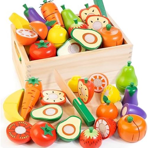 Wooden Play Food Set for Kids Kitchen | Cutting Veggies & Fruits Toy Food Set with Storage Case & Bag, Play Kitchen Accessories, Pretend Play Food for Toddlers 3+