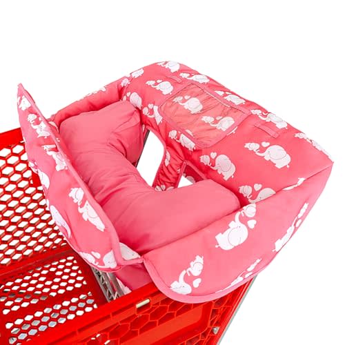 Love&go Soft Pillow Attached 2-in-1 Shopping Cart and High Chair Cover for Baby, Cotton Padded Cart Cover, Fold'n Roll Style, Portable with Carry Bag (Pink Elephant)