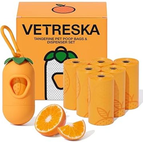 VETRESKA Dog Poop Bag Dispenser with Citrus Scented Waste Bags, Leak Proof, Extra Thick and Large Pet Poop Bags for Walking Dog and Cats Litter, 1 Count Holder and 105 Bags, Orange