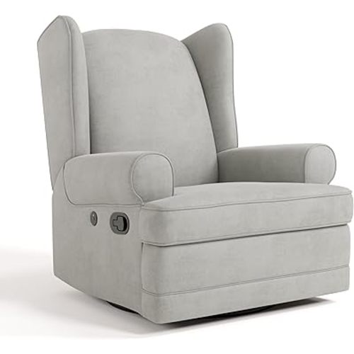 Storkcraft Serenity Upholstered Swivel Glider with USB Charging Port (Steel) – Fully Upholstered Wingback Nursery Glider Recliner with Manual Recline Function, Rocking Chair, 360 Swivel Base
