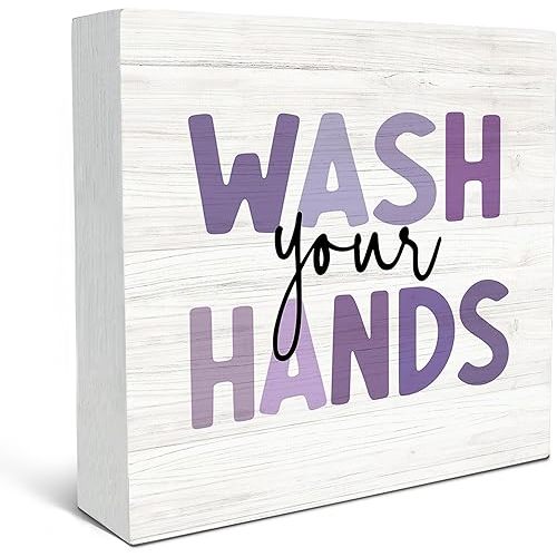 SRADMO Kids Bathroom Quote Wash Your Hands Wood Box Sign Desk Decor, Funny Bathroom Purple Wooden Block Box Sign Decoration for Kids Washroom Restroom Toilet Shelf Table Decorative Accessories