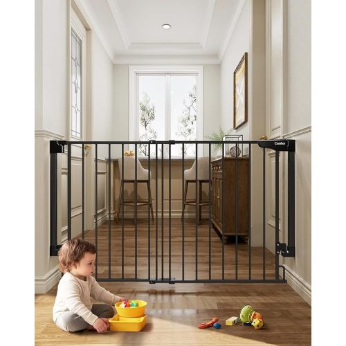Cumbor 31.6-48" No Bottom Bar Baby Gate for Stairs, 2-in-1 Auto Close Dog Gate Indoor, Hardware Mounted Pet Gate for Doorways with Large Walk Thru Door, Child-Proof Safety Gate for Kids (Black)