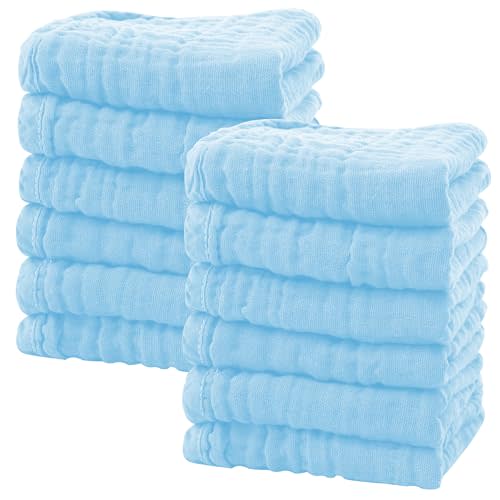 SWEET DOLPHIN 12 Pack Baby Muslin Washcloths - Soft Face Cloths for Newborn, Absorbent Bath Wash Cloths, Wipes, Burp Rag - Toddlers Essentials Stuff, Baby Registry as Shower -10"x10", Aquamarine