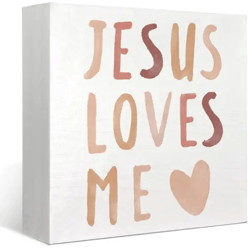FLVGE Baby Girls Nursery Decor - Jesus Loves Me Christian Gifts Wood Sign Wall Art Decoration, Boho Neutral Bible Verse Kids Boys bookshelf Decorations, Toddler Girls Room Decor 5x5