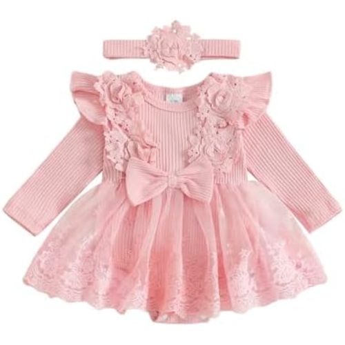 FOMOYUU Infant Newborn Baby Girl Romper Lace Tutu Dress Clothes Christmas Xmas Outfit Fall Winter Outfits Long Sleeve