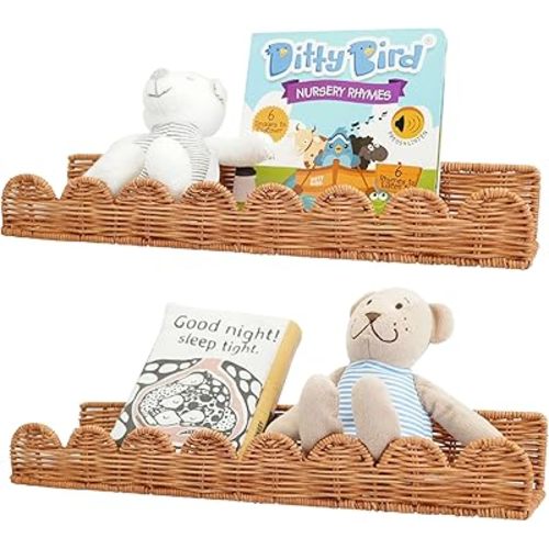 Natural Rattan Scalloped Floating Shelves, Eco-Friendly Wall Mounted Nursery Bookshelf, Durable & Handcrafted Storage Decor, Set of 2 (Brown)