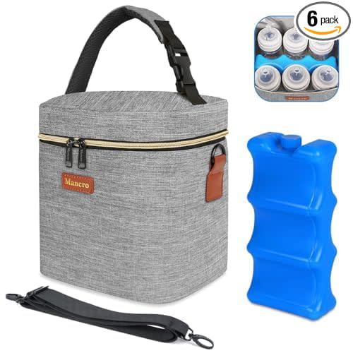 Mancro Baby Bottle Bag with Insulated Cooler, Fits 6 Baby Bottles Up to 9 Ounce with Ice Pack, Breastmilk Cooler Bag with Adjustable Shoulder Strap for Easy Carrying, Grey