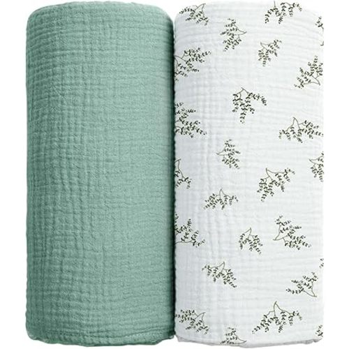 lulumoon Baby Muslin Swaddle Blankets: Soft Receiving Blanket for Newborn - Cotton Swaddling Blanket for Neutral 2Pack(Leaf Summer)