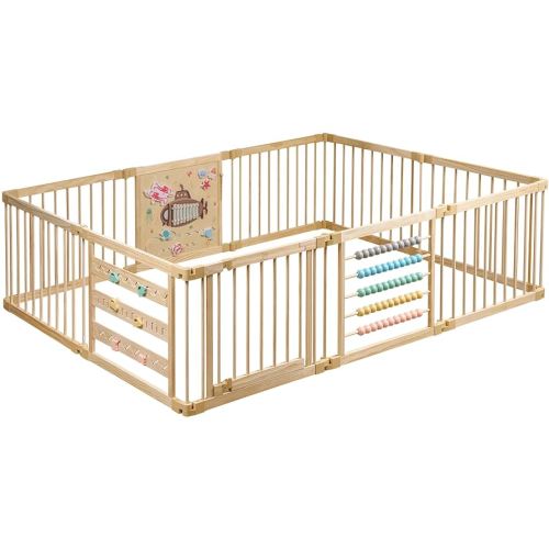 Wooden Playpen Extra Large for Toddlers and Babies - Under The Sea Theme Toy Desighn - (8/10) Wood Panels - Foldable and Adjustable Baby playpen - Extra Large Baby playpen (10-Panels)