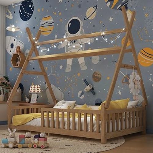 Twin House Bed with Light,Wood Twin Montessori FloorBed with Rails & Roof,Teepee Bed for Kids Boys Girls,with Slats Support,No Box Spring Needed, Natural