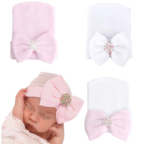 AQOKKA Cotton Newborn Baby Girl Hats with Bow 0-3 Months | 3 Pcs Hospital Hats for Baby Girl, Newborn Hats Girl Baby Hats, Newborn Beanies Baby Girl Kids Winter hat Turbantes Para Bebe