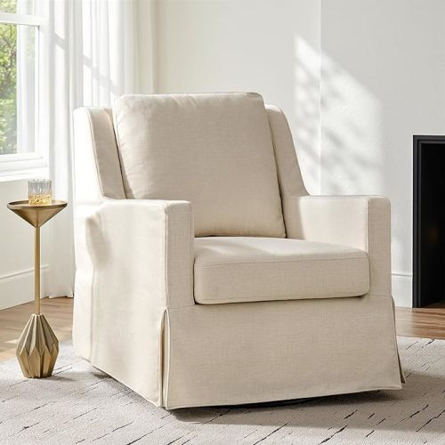 HULALA HOME Swivel Rocker Chair, Farmhouse Swivel Rocking Accent Chair with Washable Slipcover, Fabric Upholstered Barrel Armchair with Down Filled Cushions, Beige