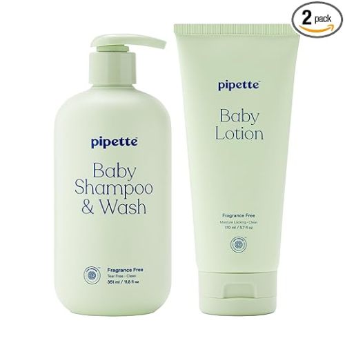 Pipette Fragrance Free Wash and Lotion Duo, Pack of 2, Fragrance Free Baby Shampoo and Body Wash, Unscented Lotion for Newborns, Sensitive Skin, and Kids, Tear-Free Bath Time, Hypoallergenic