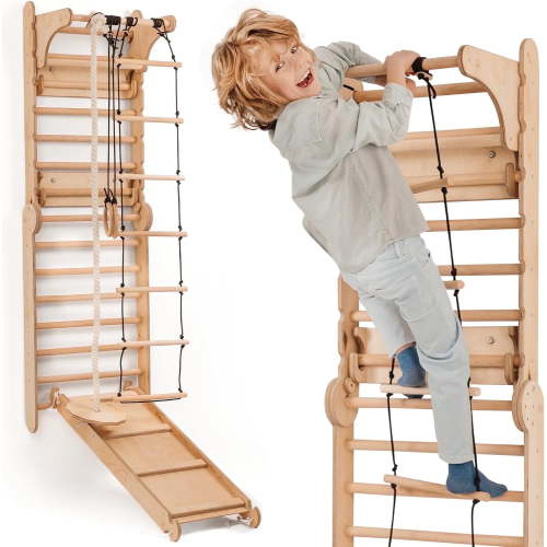 6-in-1 Wooden Swedish Wall & Slide Indoor Climbing Set with Ladder, Monkey Bars, and Rings for Kids Ages 2-12
