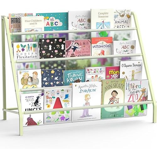High-Transparent 4 Tier Kids Bookshelf, Sturdy Metal Large Size Book Rack Storage for Kid - Toddler Book Shelf Display for Nurasery, Playroom or Kids Room, Bookshelf Hold More Books - Green
