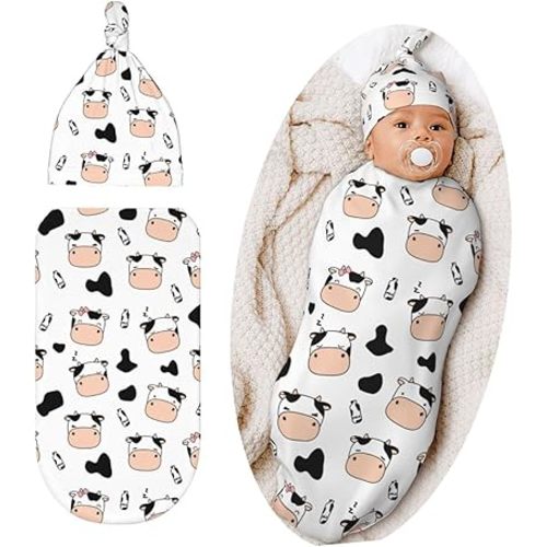 Cute Cow Print Swaddle Blanket Hat Set for Boys Girls, Soft Cow Newborn Sleeping Sack Receiving Blanket Shower Gift