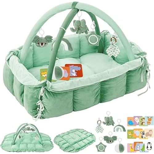 5-in-1 Plush Baby Play Gym, Baby Play Mats, Convertible Baby Gym, Tummy time mat, 6 Sensory Toys, Activity Center, Ball Pit, Pink