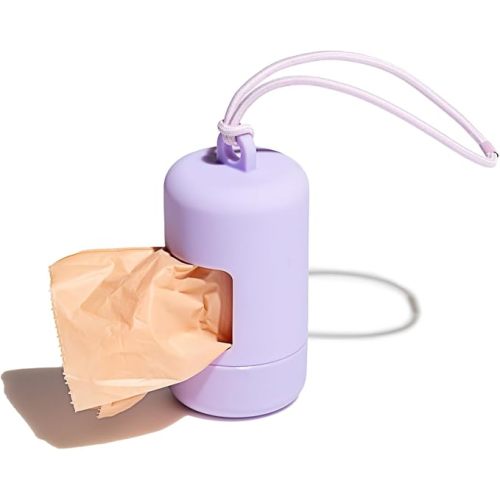Wild One Dog Poop Bag Holder and Dispenser with Leash Attachment, Leak Proof, Easy Twist Top for Refills, Includes 1 Roll Bags, Lilac
