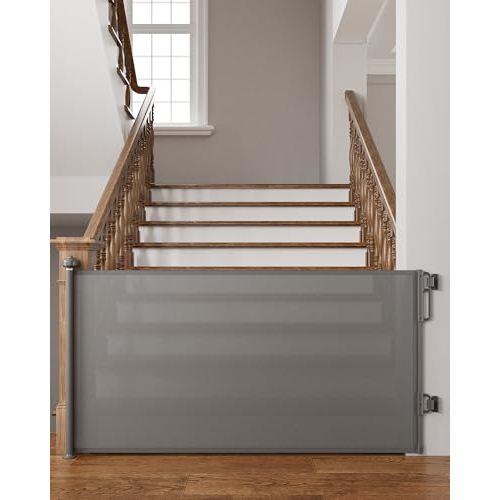 Cumbor 76" Wide Long Retractable Baby Gates for Stairs, Mesh Dog Gate for the House, 34" Tall Extra Wide Pet Gate for Dogs, Child Safety Gates for Doorways, Hallways, Indoor/Outdoor(Gray)