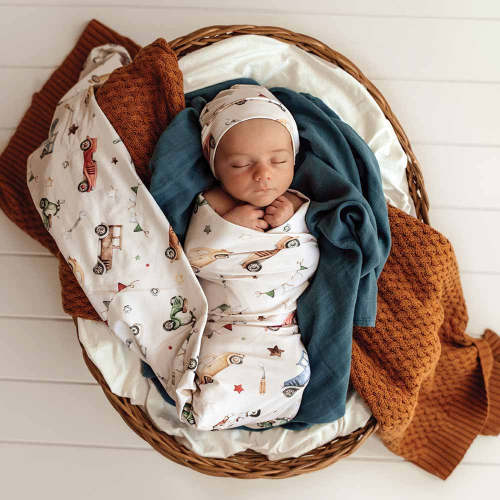 Vintage Cars Organic Jersey Wrap & Beanie Set | Snuggle Hunny