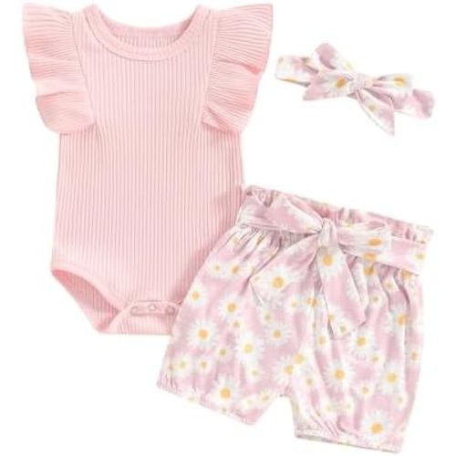 Newborn Infant Baby Girl Summer Clothes Rib Frill Short Sleeve Romper Elastic Waist Shorts Headband 3Pcs Outfits Set