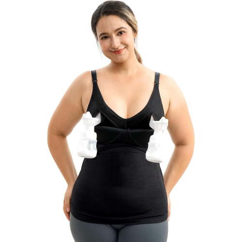 Momcozy Hands Free Pumping Tank Top, All-in-One Pumping & Nursing Tank Tops with Built-in Bra, Fixed Padding Maternity Cami, Black, M