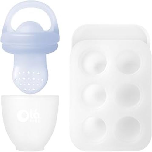 Olababy Silicone Food Feeder & Popsicle Set for Solid Food Introduction | Cooling Relief BPA Free Freezer Tray Combo for Fruit, Frozen Breastmilk, Puree, Smoothies for Infants, Babies