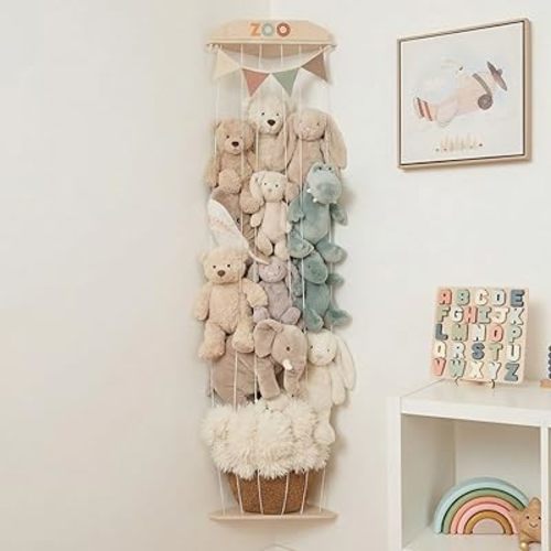 Large Stuffed Animal Storage for Corner - Stylish Wooden Toy Storage Organizer & Holder for Kids Playroom or Nursery - Easy to Assemble Stuffed Animal Wall Zoo Keeps Plush Friends Ready for Snuggles