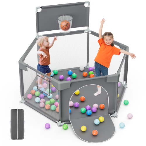babyeap Baby Playpen with Basketball Hoop,Playpen for Babies and Toddlers,Hexagonal Fence Baby Play Yards,Dark Gray
