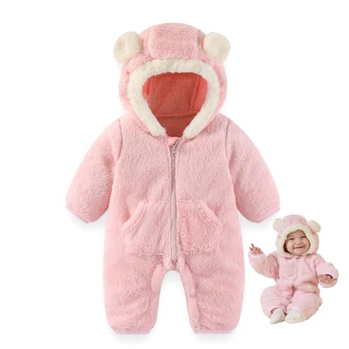 XIFAMNIY Baby Bear Fleece Snowsuit Warm Hooded Romper with Buttons | Safety zipper & bottom buttons for easy diaper changes. Fold-over mittens and footies keep baby warm.
