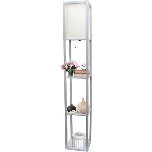 Simple Designs LF1014-GRY Etagere Organizer Storage Shelf Linen Shade Floor Lamp, Gray
