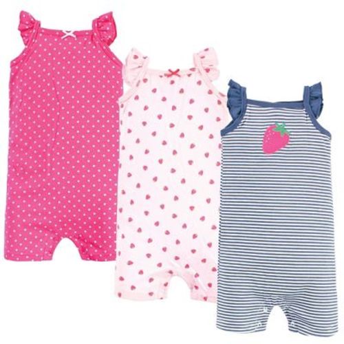 Hudson Baby Infant Girls Cotton Rompers, Pink Strawberry, 0-3 Months