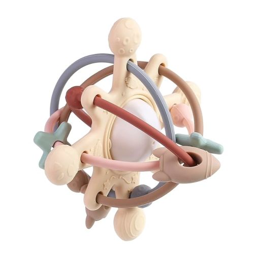 PandaEar Space Planet Baby Sensory Teether Toy - Manhattan Rattle Ball for 0-6 6-12 Months, Food Grade Freezer Safe Silicone, Montessori Infant Learning Grasping Toy for Gums Relief & Motor Skills