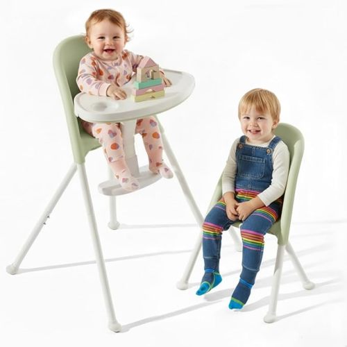 Mallify Foldable High Chair, Space-Saving Portable Baby High Chair with Removable Double Tray, Modern Convertible Baby Feeding Chair, Lightweight, Easy to Clean, Green