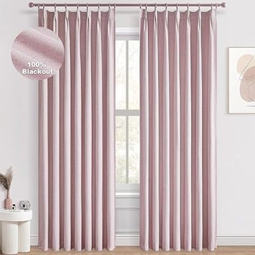 Topfinel Light Pink Pinch Pleat 100% Blackout Curtains & Drapes 84 Inch Length 2 Panels Set for Girls Room, Flax Linen Princess Preppy Nursery Blush Pink Curtains with Hooks Rings for Bedroom