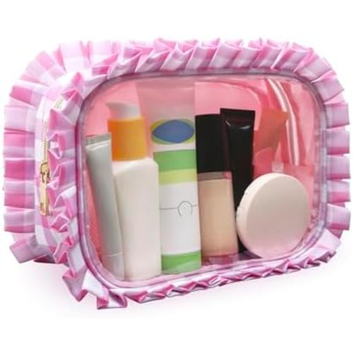 Gingham Ruffle Clear Makeup Bag for Women, Cute Large Transparent Travel Toiletry Bag with Zipper, Portable Cosmetic Organizer for Travel & Daily Essentials (Pink Checkerboard)
