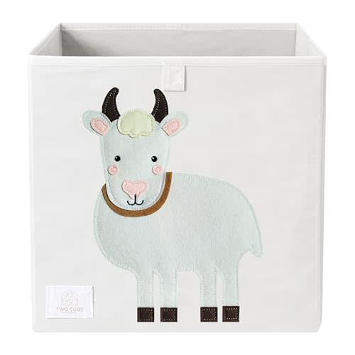 Two Cubs Foldable Kids Toy Storage Box - 13"x13" Cube Organizer Bin with Durable 2.6mm Plastic Plate Boards, Goat Design in White - Collapsible Nursery & Playroom Storage, Fits IKEA Kallax Shelves