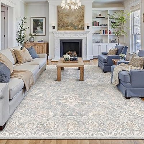 8x10 Blue Cream Washable Area Rug for Living Room Bedroom Neutral Floral Soft Non Slip Rug Low Pile Distressed Carpet for Dining Room Nursery Office Indoor