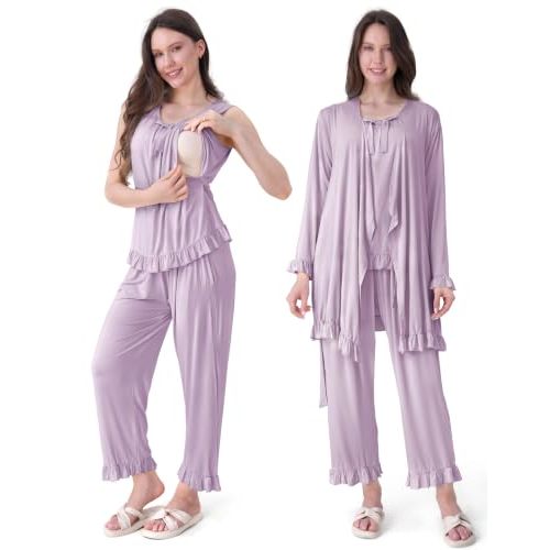 SUNNYBUY 3 PCS Ruffle Maternity Nursing Pajamas Set & Robe for Postpartum | Breastfeeding Tank Top with a Cute Bow, Pregnancy Pants & Robe, Hospital Bag Essential PJs