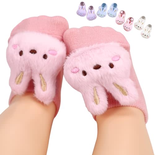 4 Pairs Baby Girl Socks with Non-Slip Grips,Cute Rabbit Low Cut Ankle Socks for Newborn Toddler Infants 0-6 Months