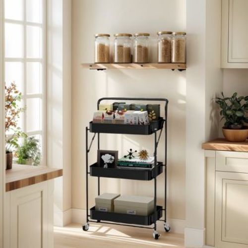 Fortune Candy Foldable 3-Tier Rolling Utility Cart, No-Assembly Multipurpose Storage Organizer with Handle for Home or Office, Black