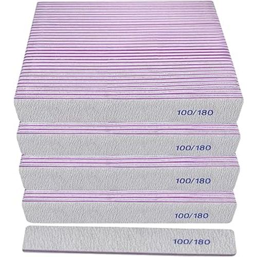 100/180 Grit Nail File (100 Pack), Emery Board Nail Files for Acrylic Nails and Natural Nails, Double Sided Emory Boards Professional Nail Filer Reusable Washable Manicure Square Gray