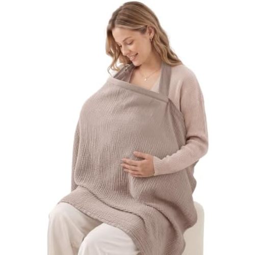 Blissful Diary Muslin Nursing Cover for Breastfeeding, Breathable Breastfeeding Cover up with Arch Neckline for Women, Nursing Apron (Agreeable Gray)