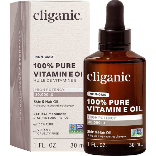Cliganic Pure Vitamin E Oil for Skin, Scars, Hair & Face - 30,000 IU, Non-GMO Verified | Natural D-Alpha Tocopherol
