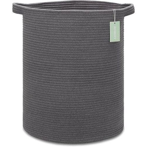 Large Cotton Rope Laundry Hamper 72L, Tall Baby Nursery Hamper, Woven Storage Basket for Living Room Bedroom, Laundry Basket for Storage Toys Clothes Towels, 16”x 22”, Dark Gray