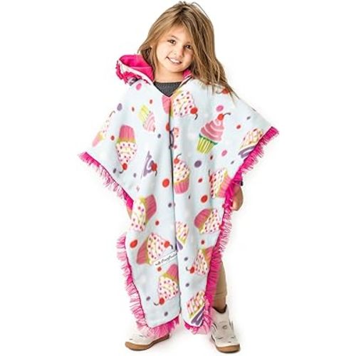 Birdy Boutique Car Seat Poncho for Kids – Reversible Warm Blanket with Hoodie – Safe to Use Over Seat Belts – Easy On, Easy Off, and Doesn’t Impact Seat Performance - Cupcake – One Size