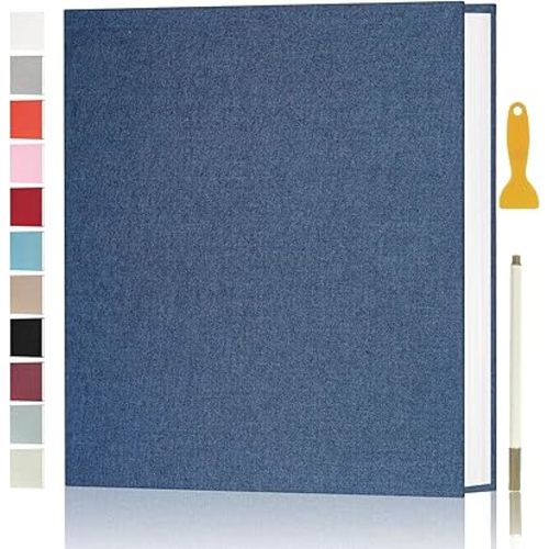 Photo Album Self Adhesive Pages for 4x6 5x7 8x10 Pictures Scrapbook Magnetic Photo Albums with Sticky Pages Books with A Metallic Pen for Baby Wedding Family 11x10.6 Blue 40 Pages